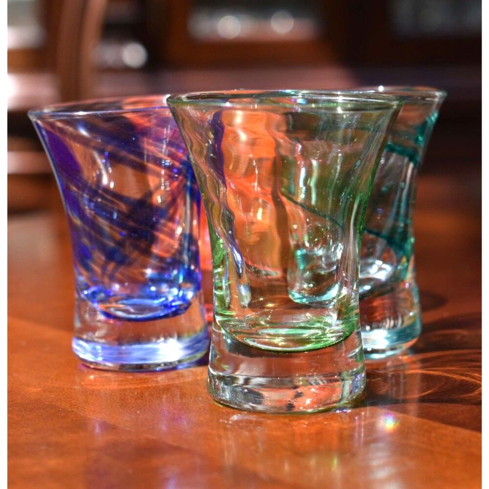 Set of 4 Vintage Swirl Art Glass Shot Glasses - Colorful Hand Blown Barware